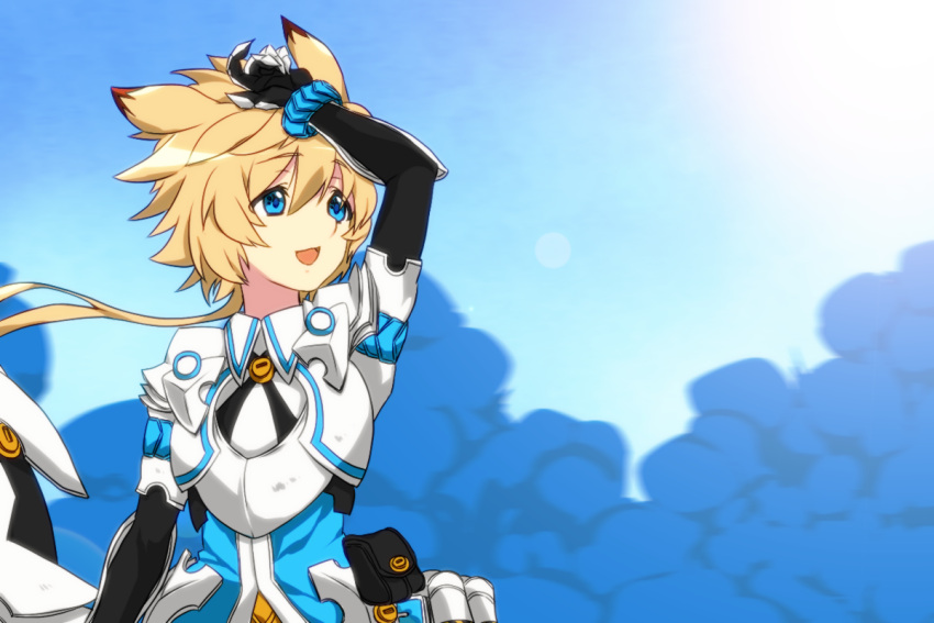 animated, animated_gif, arm_up, armor, blonde_hair, blue_background, blue_eyes, chung, elsword, gloves, liht098hue, long_hair, male, ponytail, smile, smoke, solo, surcoat, symbol-shaped_pupils