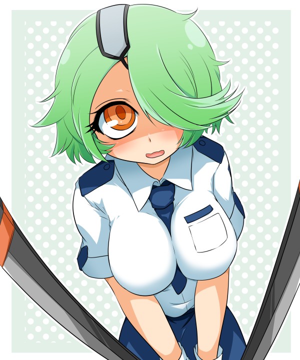 bioroid_hei, blush, breast_squeeze, breasts, dual_wielding, eyepatch, gloves, green_hair