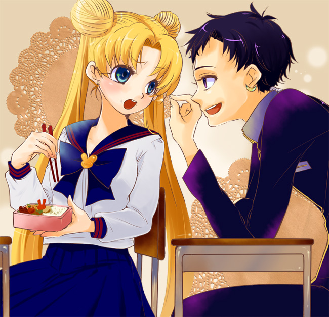 1girl, :o, annoyed, bishoujo_senshi_sailor_moon, black_hair, blonde_hair, blue_eyes, bow, chopsticks, doily, double_bun, food, food_on_face, gakuran, hair_bun, kiyoka_1015, obentou, school_uniform, seiya_kou, serafuku, table, tsukino_usagi