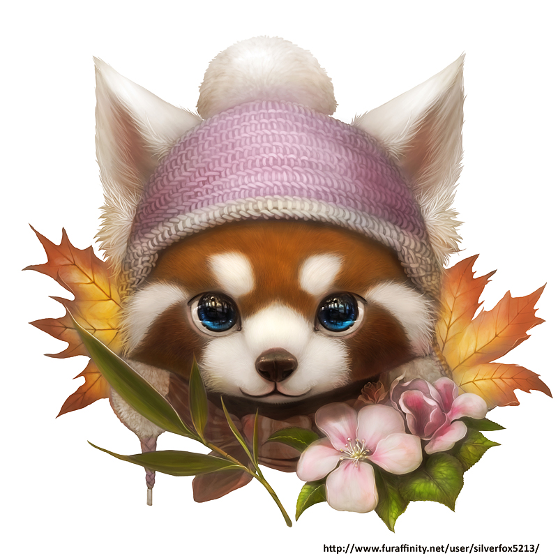 2012, beanie, blue_eyes, copyright_request, flower, fur, hat, leaf, leaves, red_panda, silverfox5213, solo, watermark, web_address