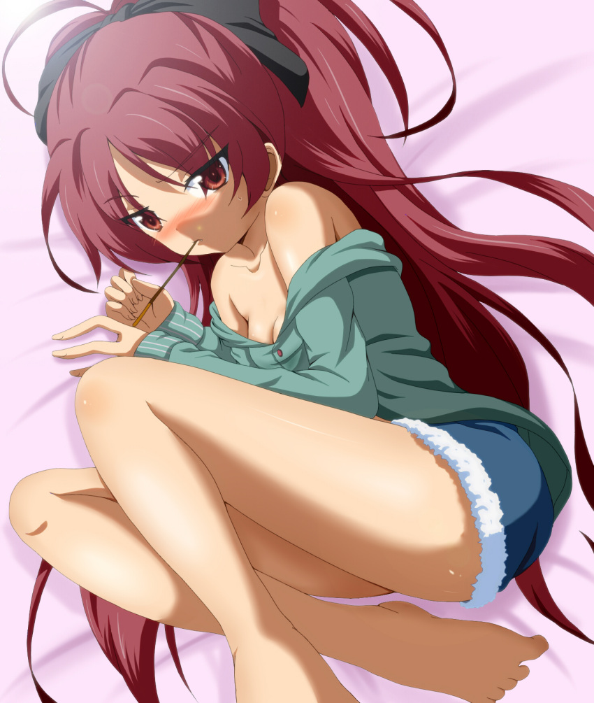 bare_legs, bare_shoulders, barefoot, blush, curled_up, dr._cryptoso, face, feet, highres, long_hair, lying, mahou_shoujo_madoka_magica, mouth_hold, off_shoulder, on_side, open_clothes, open_shirt, pocky, ponytail, red_eyes, red_hair, redhead, revision, sakura_kyouko, shirt, shorts, solo, toes