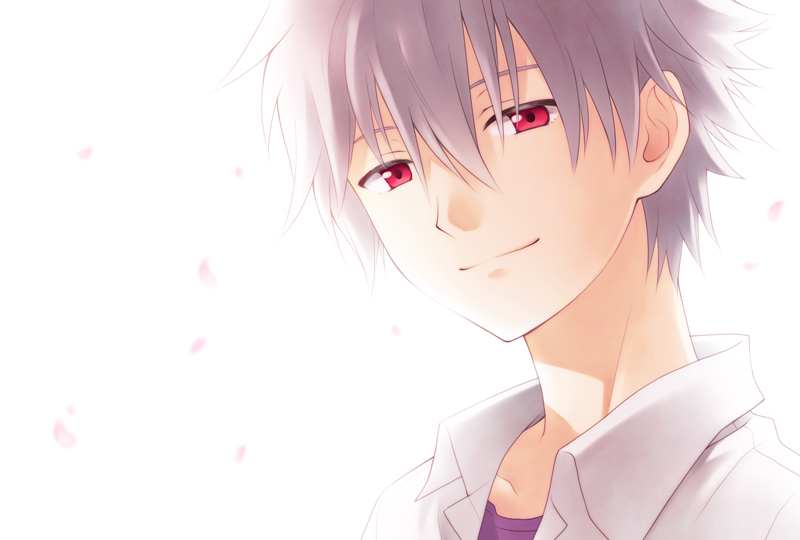 cherry_blossoms, evangelion:_3.0_you_can_(not)_redo, male, nagisa_kaworu, neon_genesis_evangelion, rebuild_of_evangelion, red_eyes, smile, white_hair, you_(you_c)
