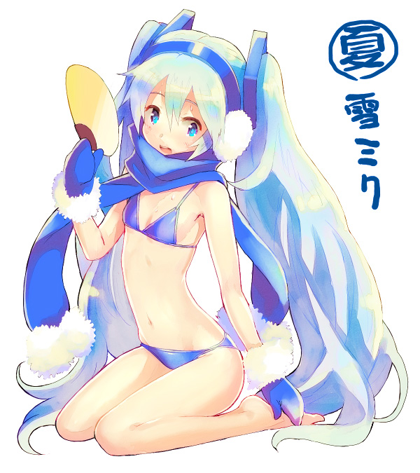 bikini, blue_eyes, blue_hair, character_name, earmuffs, fan, hatsune_miku, long_hair