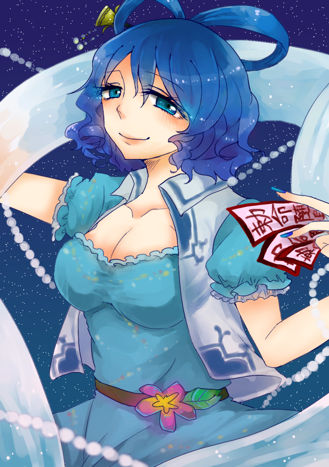 blue_eyes, blue_hair, breasts, cleavage, collarbone, dress, flower, hair_rings