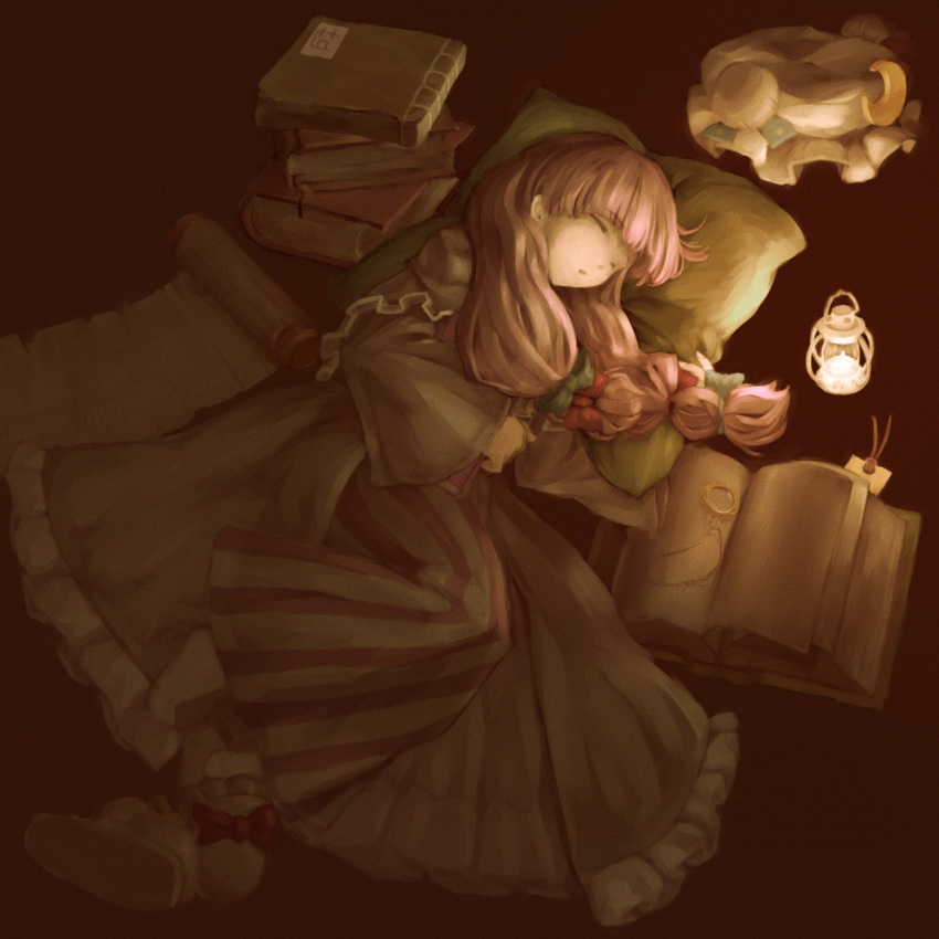 book, bookmark, closed_eyes, crescent, eyes_closed, hat, hat_removed, headwear_removed, highres, lantern, long_hair, monocle, moroheiya_(takushiage), patchouli_knowledge, purple_hair, scroll, simple_background, sleeping, solo, takushiage, touhou