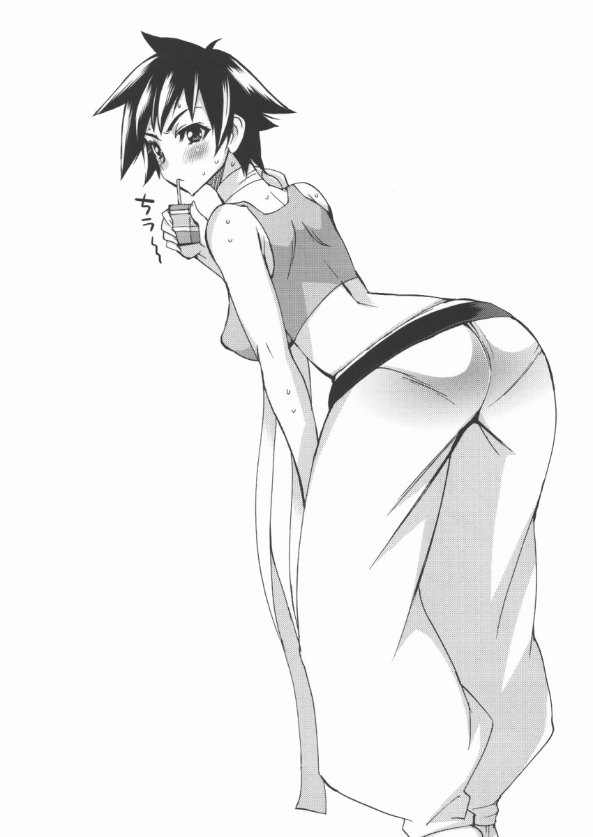 artist_request, ass, bent_over, blush, breasts, dougi, from_behind, highres, juice_box, large_breasts, looking_back, makoto, monochrome, pants, pantylines, scarf, short_hair, solo, spiked_hair, spikey_hair, sports_bra, street_fighter, street_fighter_iii, street_fighter_iii:_3rd_strike, sweat, tomboy