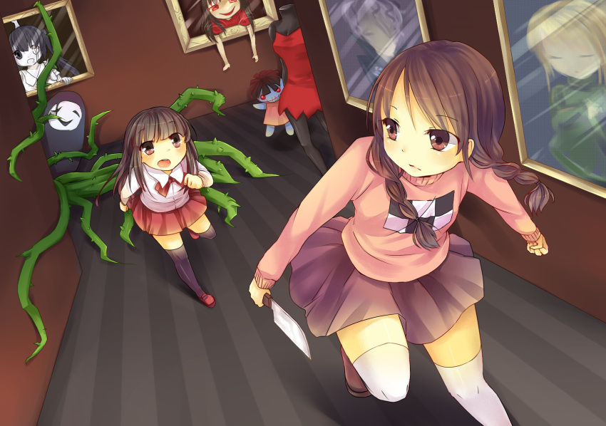 5girls, black_eyes, black_hair, black_legwear, blonde_hair, braid, brown_hair, closed_eyes