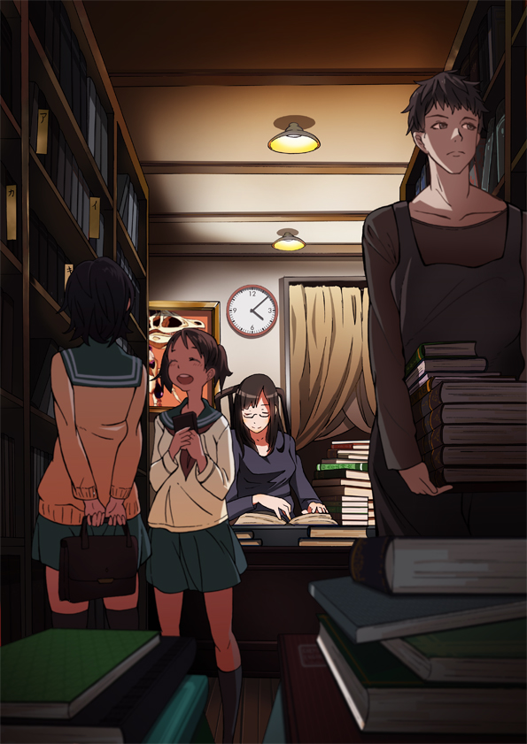 3girls, apron, biblia_koshodou_no_jikentechou, black_hair, black_legwear, blurry, book, bookshelf