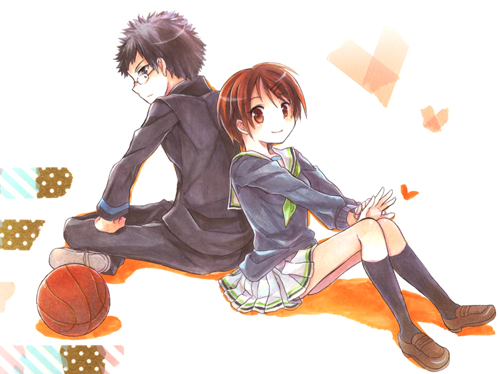 1girl, aida_riko, basketball, brown_hair, glasses, heart, hyuuga_junpei, kuroko_no_basuke