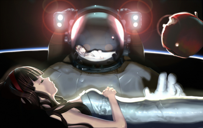 astronaut, black_hair, bodysuit, closed_eyes, eyes_closed, female, gloves, hairband