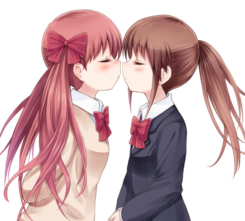 arms_behind_back, blazer, blush, bow, brown_hair, cardigan, closed_eyes, eyes_closed