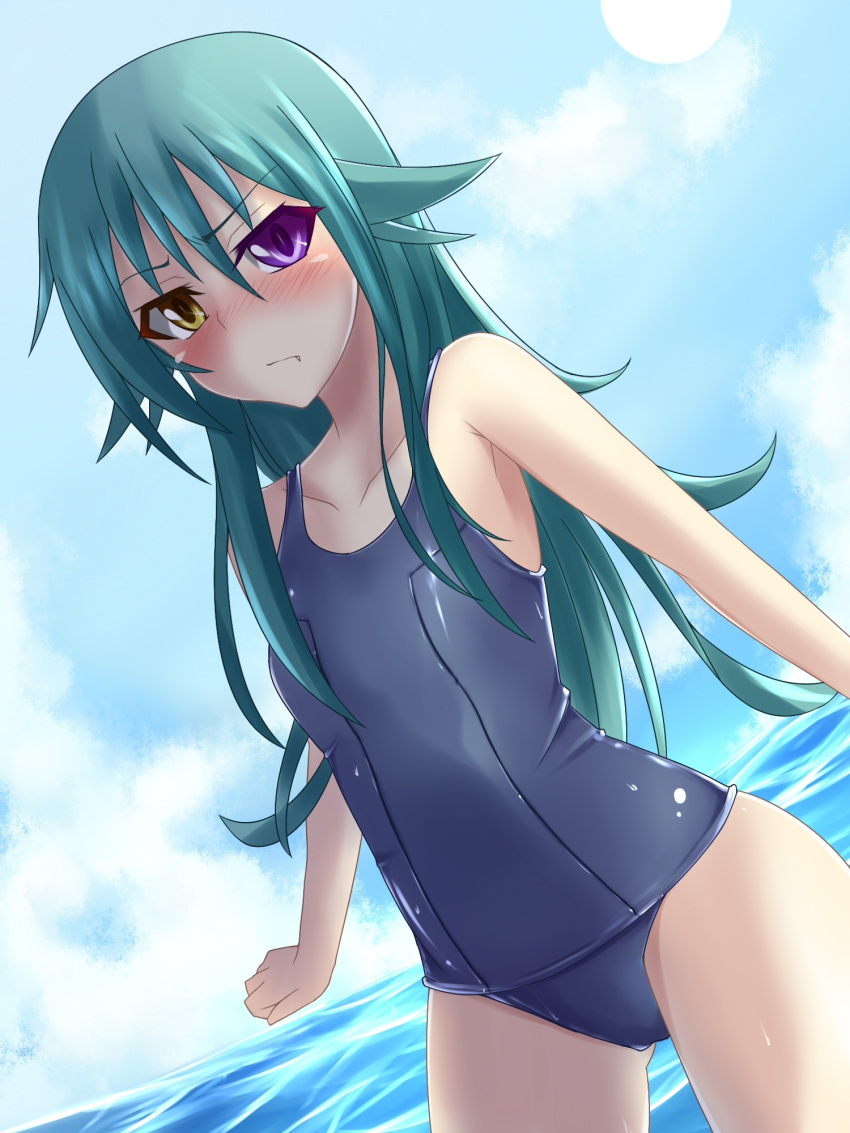 blush, dutch_angle, heterochromia, highres, leura_(suterii), leura_arcane, long_hair, one-piece_swimsuit