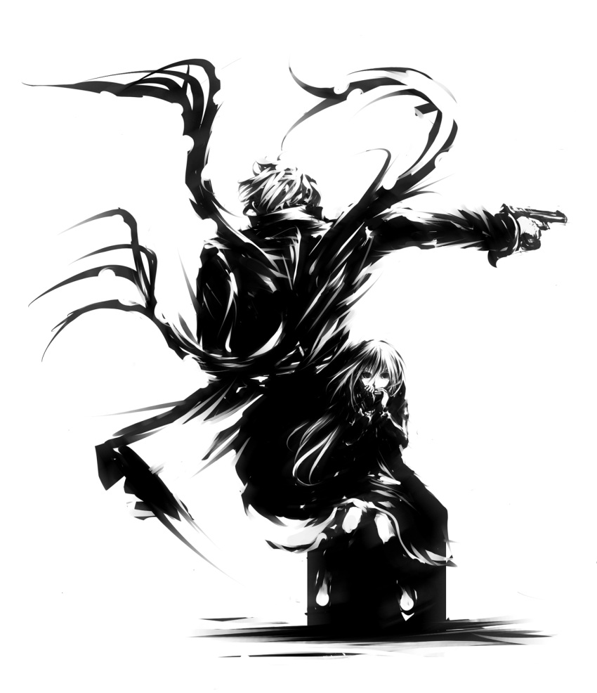 black_hair, gun, handgun, harmonica, high_contrast, highres, instrument, kneehighs, long_hair, machiya_matia, managariastinocle_rag_eduraikerius, mohomen, monochrome, polyphonica:the_black, shinkyoku_soukai_polyphonica, sitting, trench_coat, very_long_hair, weapon