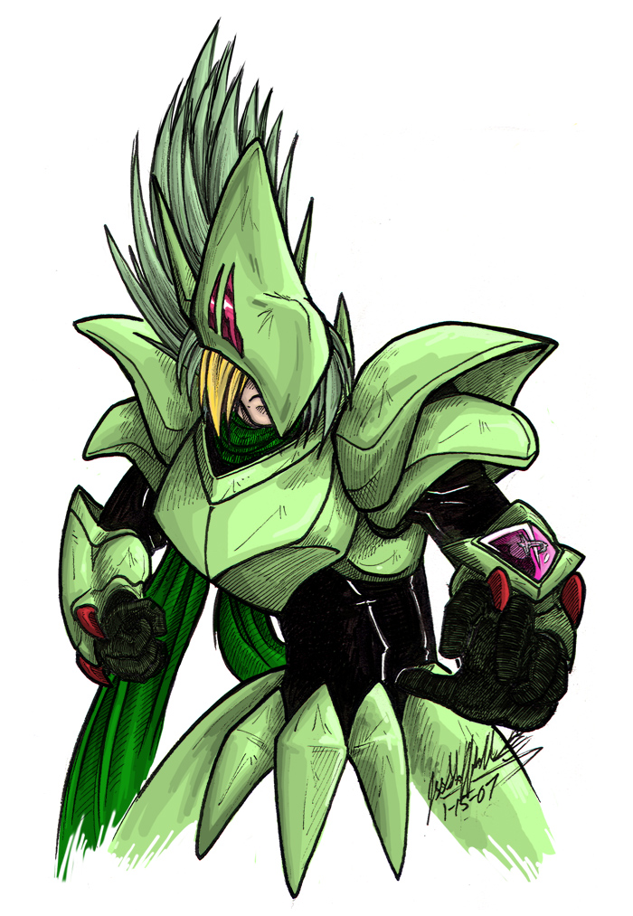 armor, blonde_hair, cyborg, gaogaigar, green_hair, scarf, soldato_j