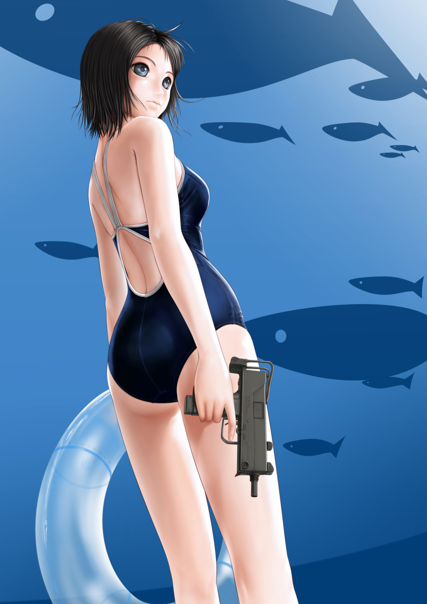 ass, black_hair, blue_eyes, from_below, gun, highres, innertube, kirin404