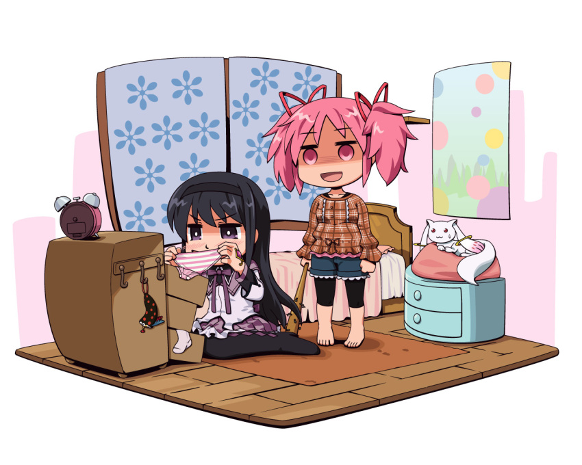 :3, aka-kabuto_no_gema, akemi_homura, alarm_clock, alternate_costume, barefoot, baseball_bat, bed