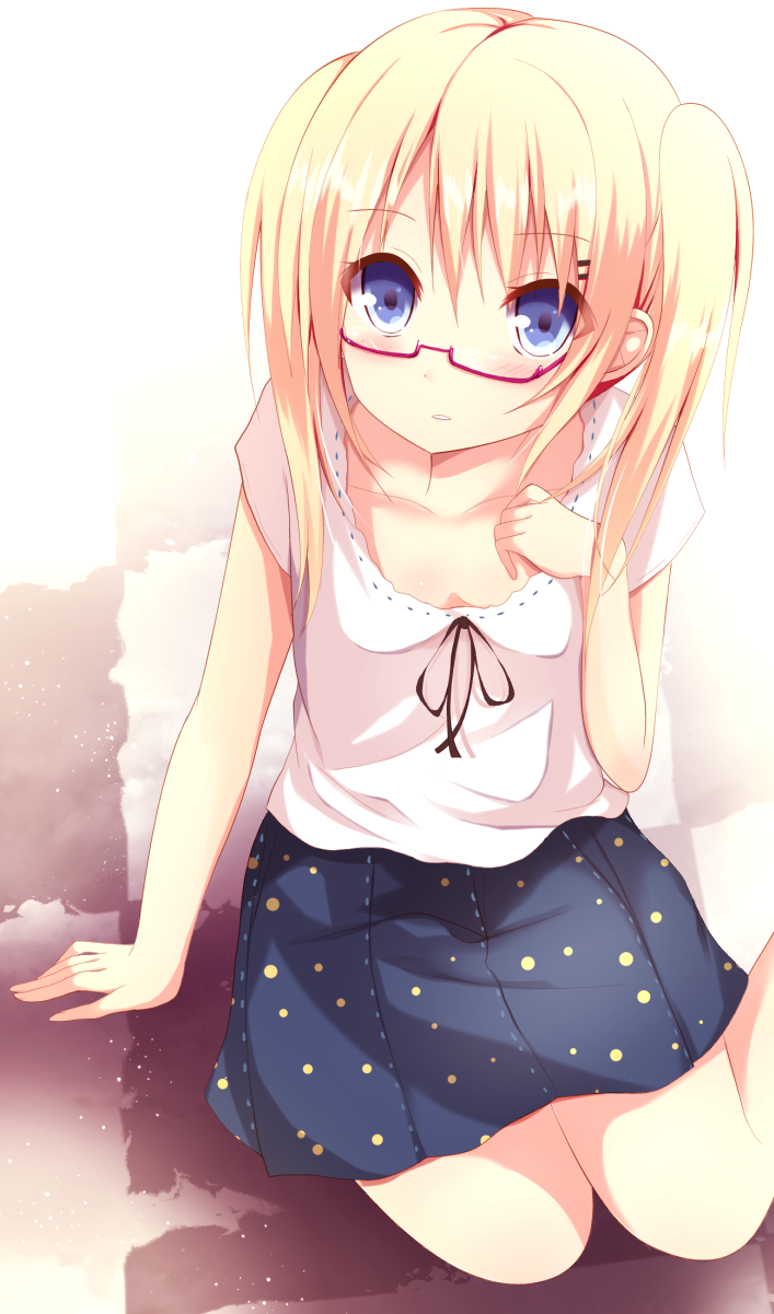 again8120, blonde_hair, blue_eyes, blush, collarbone, glasses, highres, long_hair, original, red-framed_glasses, ribbon, sitting, skirt, solo, twintails