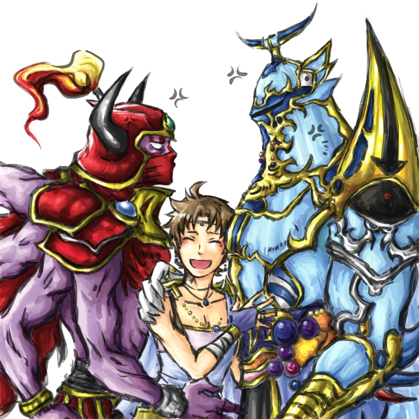 3boys, anger_vein, armor, brown_hair, butz_klauser, circlet, closed_eyes, dissidia_012_final_fantasy