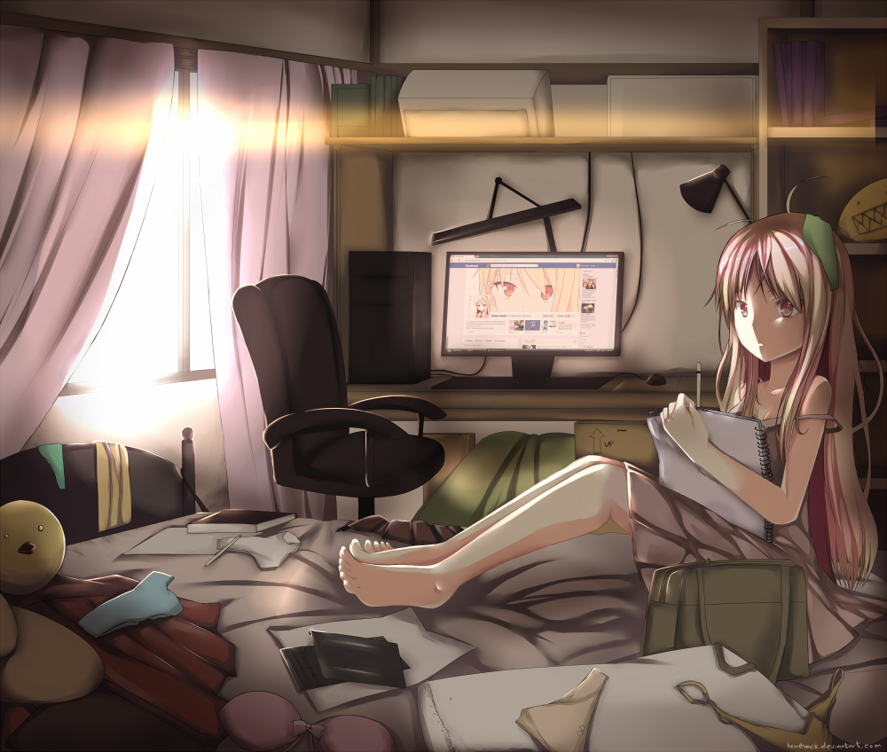 1girl, bare_shoulders, barefoot, bed, bedroom, blonde_hair, blue_panties, bra