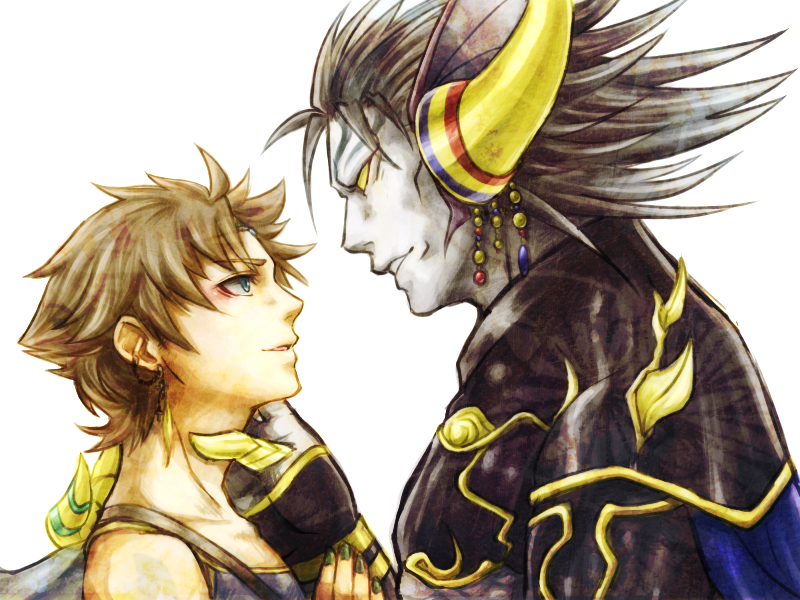 2boys, alternate_costume, alternate_form, armor, bare_shoulders, blue_eyes, brown_hair, butz_klauser