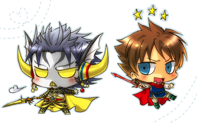 >:d, 2boys, :<, :d, alternate_costume, alternate_form, blue_eyes, boots