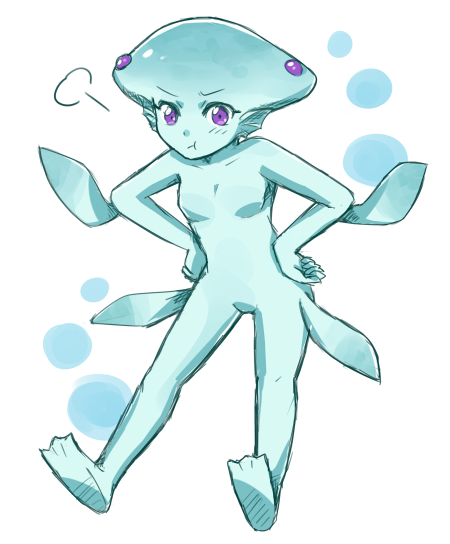 blue_skin, extra_eyes, hand_on_hip, monster_girl, ocarina_of_time, princess_ruto, purple_eyes, riko_(sorube)