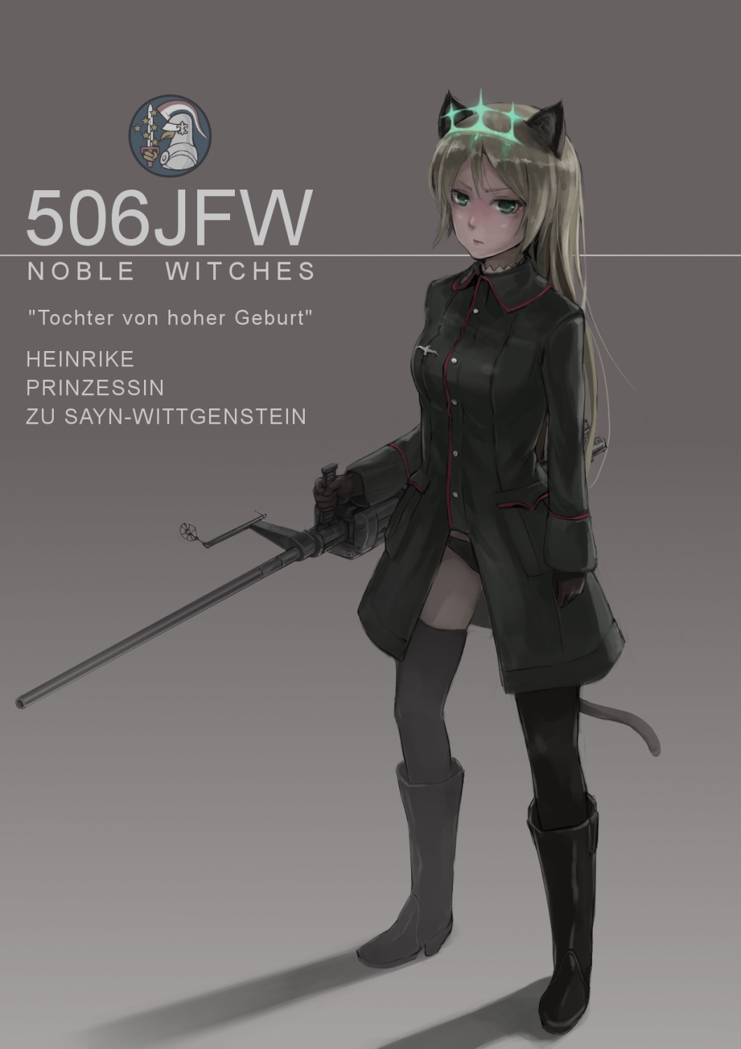 1girl, animal_ears, black_legwear, blonde_hair, character_name, female, german, gradient, gradient_background, green_eyes, grey_background, gun, heinrike_prinzessin_zu_sayn-wittgenstein, highres, holding, lif, long_hair, mg_151_cannon, solo, standing, strike_witches, tail, text, thigh-highs, thighhighs, translated, uniform, weapon, weapon_request