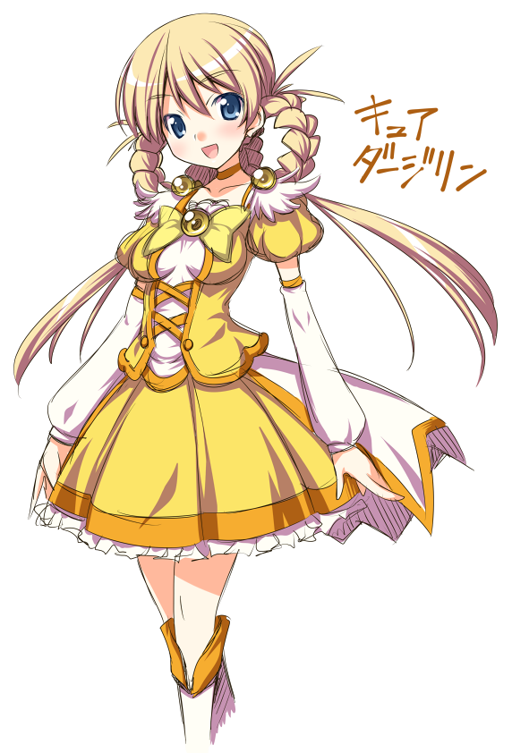 blonde_hair, blue_eyes, boots, bowtie, braid, choker, cosplay, cure_peace