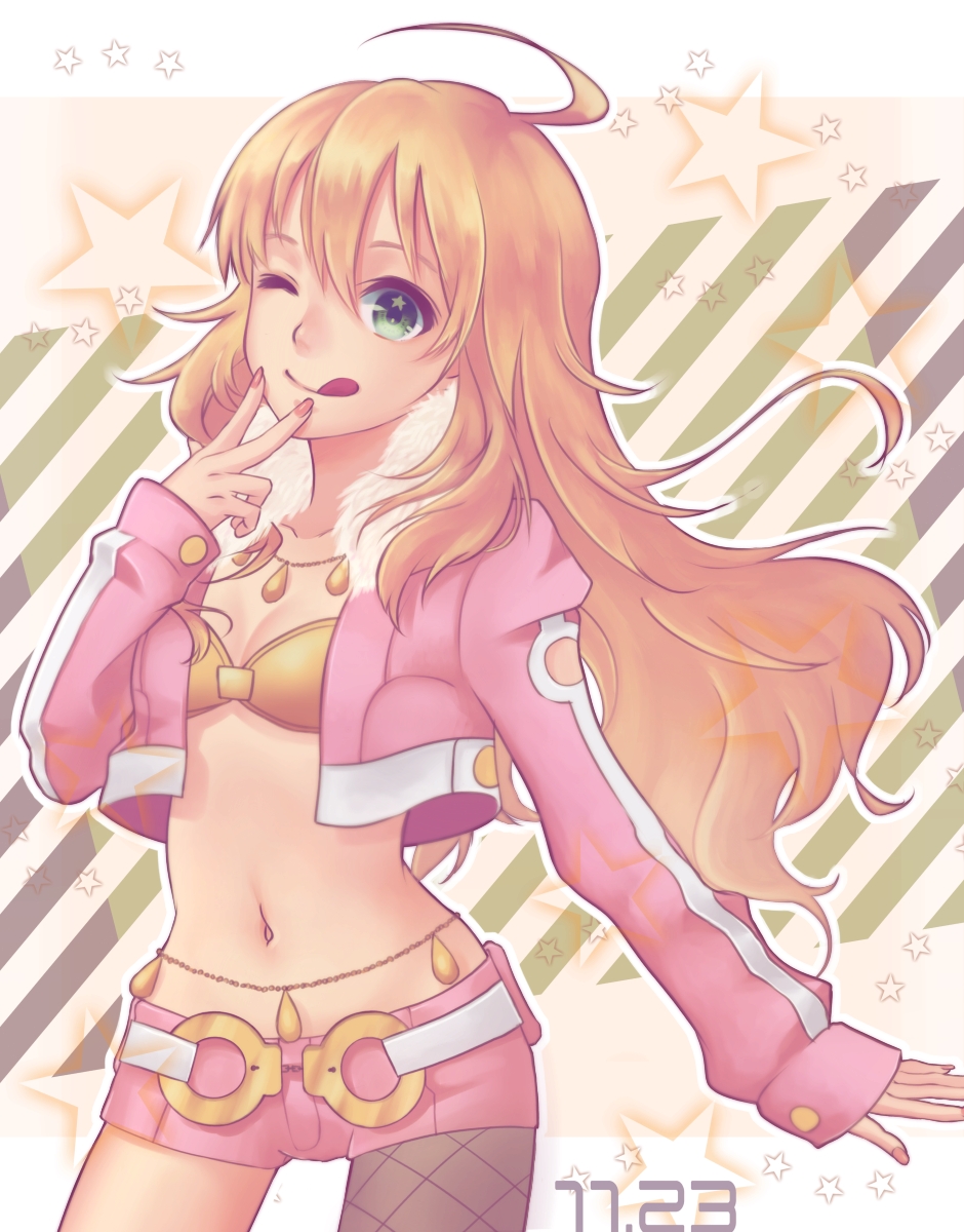 blonde_hair, green_eyes, highres, hoshii_miki, idolmaster, ladybird8n, long_hair, midriff