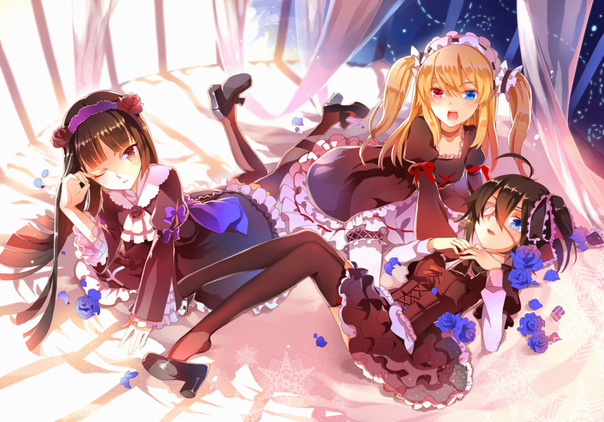 ahoge, black_legwear, blonde_hair, blue_eyes, boku_wa_tomodachi_ga_sukunai, chuunibyou_demo_koi_ga_shitai!, crossover, dress