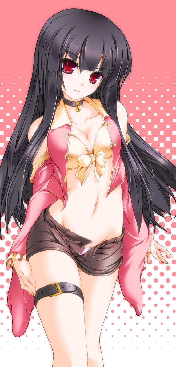 bell, bell_collar, belly, black_hair, bow, bra, breasts, cleavage