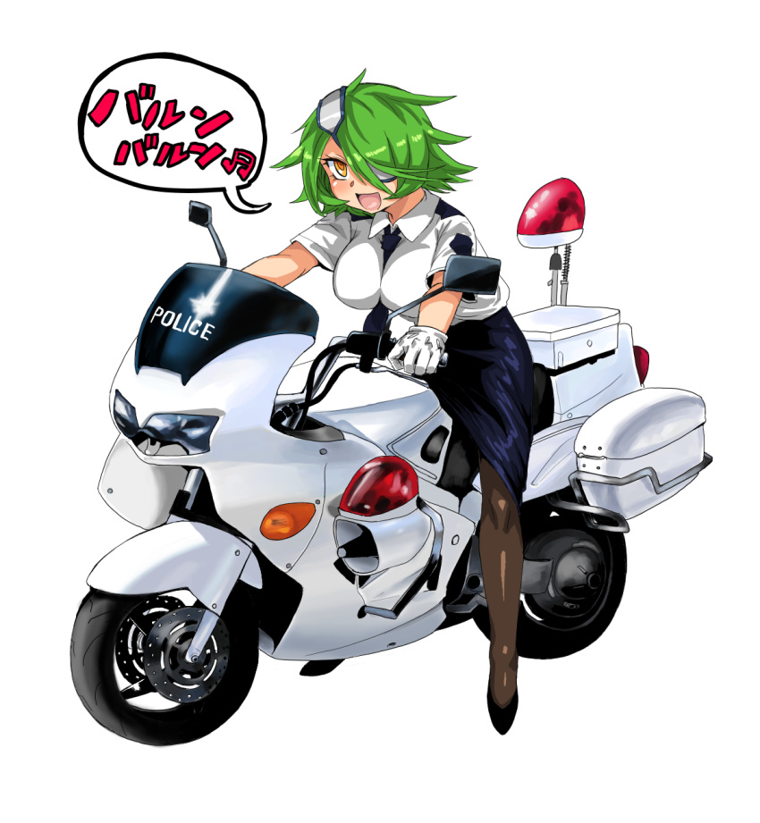 black_legwear, blush, breasts, eyepatch, getter, gloves, green_hair, hair_over_one_eye, highres, impossible_clothes, large_breasts, motor_vehicle, motorcycle, necktie, open_mouth, otonashi_kiruko, pantyhose, police, police_uniform, policewoman, riding, shinmai_fukei_kiruko-san, short_hair, simple_background, sitting, skirt, solo, text, translated, uniform, vehicle, yellow_eyes