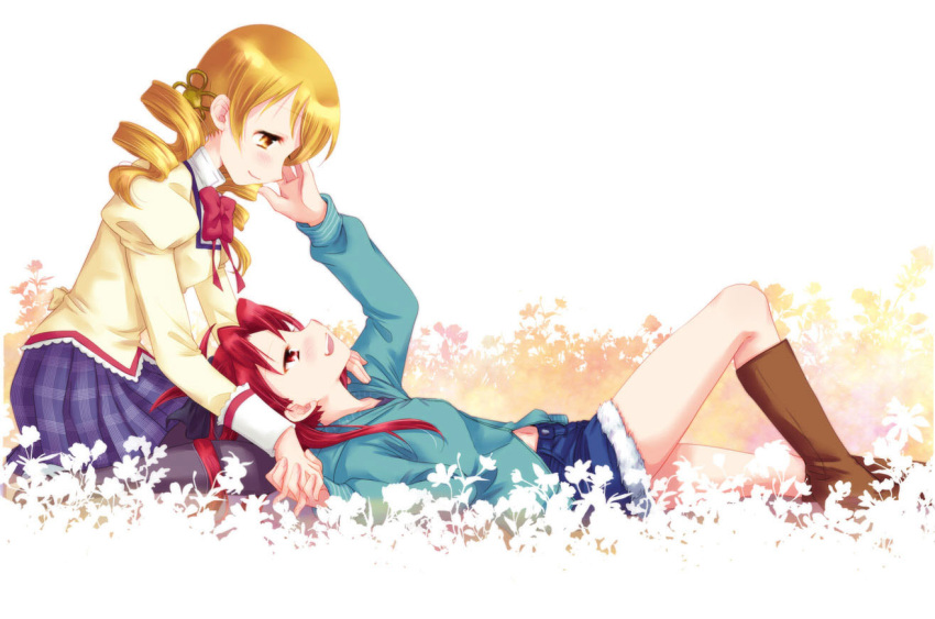 :d, black_legwear, blonde_hair, blush, boots, bow, drill_hair, field