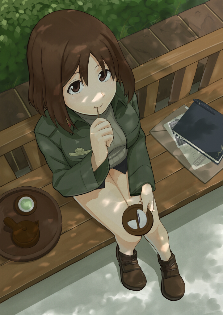 book, breasts, brown_eyes, brown_hair, cup, eating, food, from_above