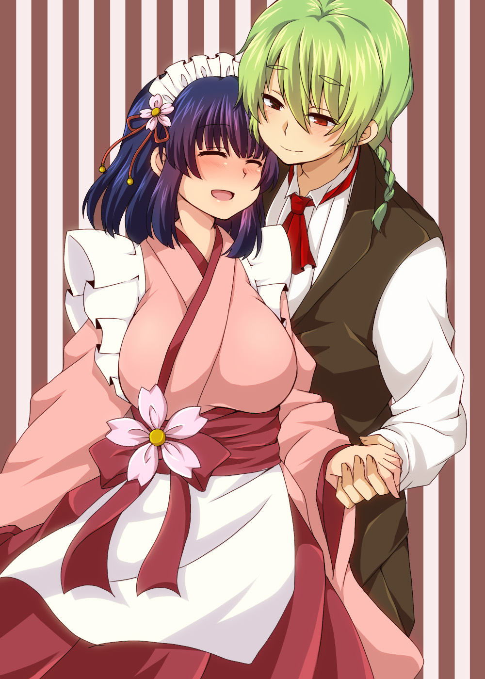 1girl, blue_hair, blush, braid, breasts, closed_eyes, couple, eyes_closed