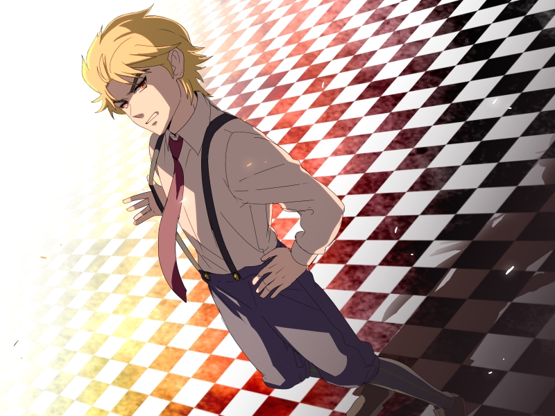 blonde_hair, checkered, checkered_floor, dio_brando, dutch_angle, jojo_no_kimyou_na_bouken, kajiwara_io, necktie