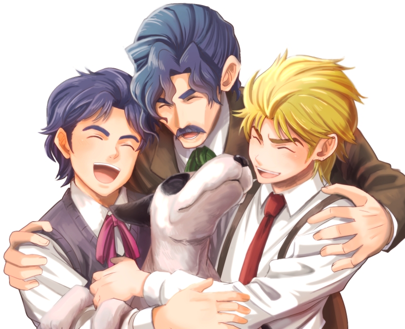 blonde_hair, blue_hair, danny_(jojo), dio_brando, dog, facial_hair, family, george_joestar