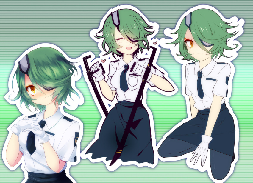 black_legwear, blush, breasts, dual_wielding, eyepatch, gloves, green_hair, hair_over_one_eye