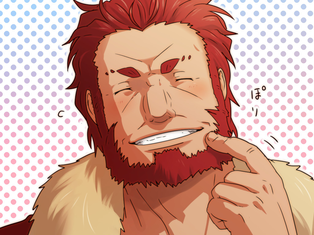 37suihan46, ^_^, beard, blush, closed_eyes, eyes_closed, facial_hair, fate/zero, fate_(series), red_hair, redhead, rider_(fate/zero), solo