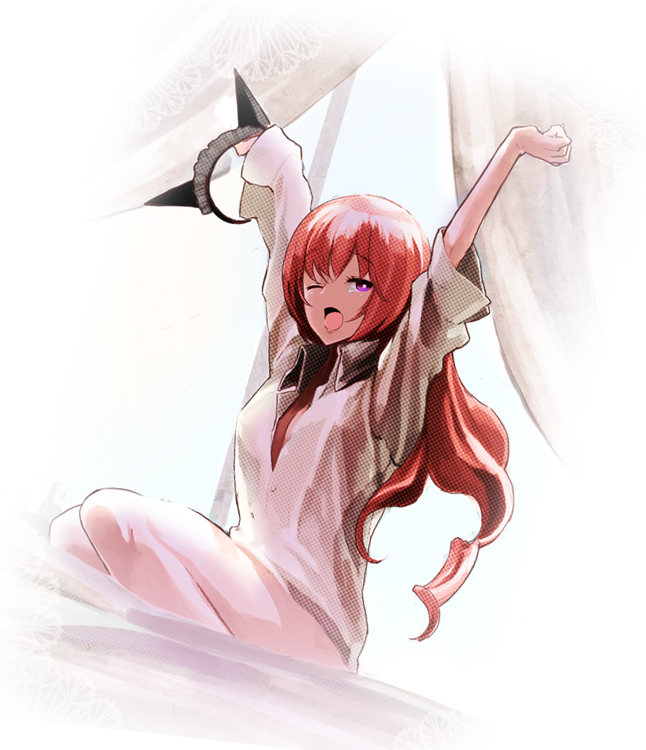 ;o, arms_up, faris_nyannyan, hanbun, holding, long_hair, purple_eyes, red_hair, redhead, sitting, solo, steins;gate, stretch, violet_eyes, wink