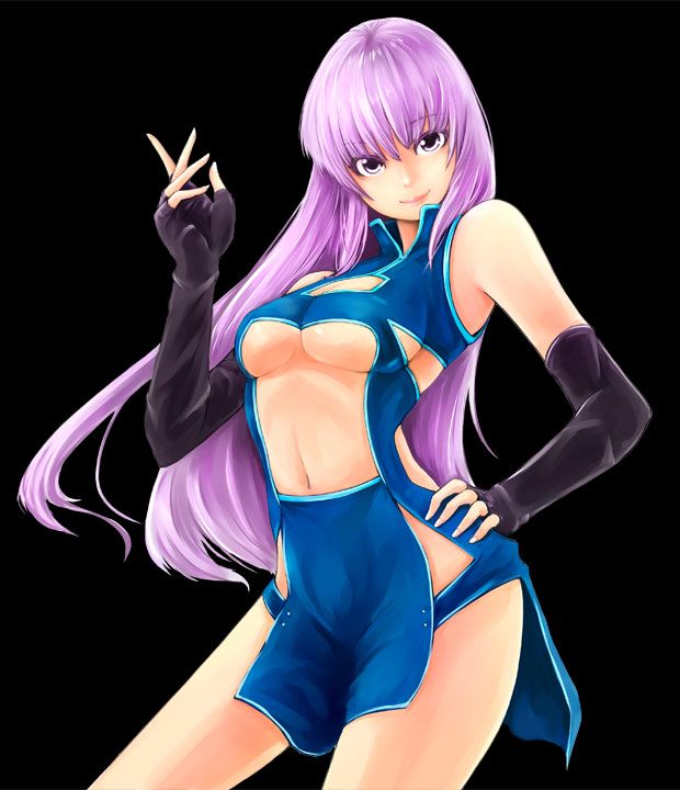 bare_shoulders, black_background, black_gloves, breasts, character_request, cleavage, copyright_request, elbow_gloves