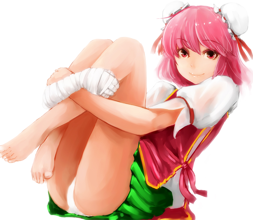 bandage, bandages, barefoot, bun_cover, chinese_clothes, double_bun, feet, ibaraki_kasen