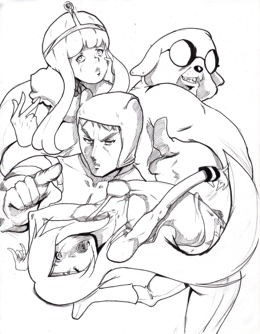2girls, adventure_time, araki_hirohiko_(style), drawfag, female, finn, highres, jake, jake_(adventure_time), jojo_no_kimyou_na_bouken, male, marceline, multiple_girls, parody, princess_bubblegum, style_parody