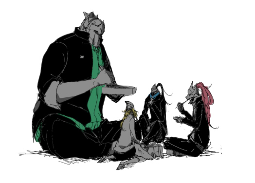 blonde_hair, contemporary, dark_souls, dragon_slayer_ornstein, eating, hat, hawkeye_gough, helmet
