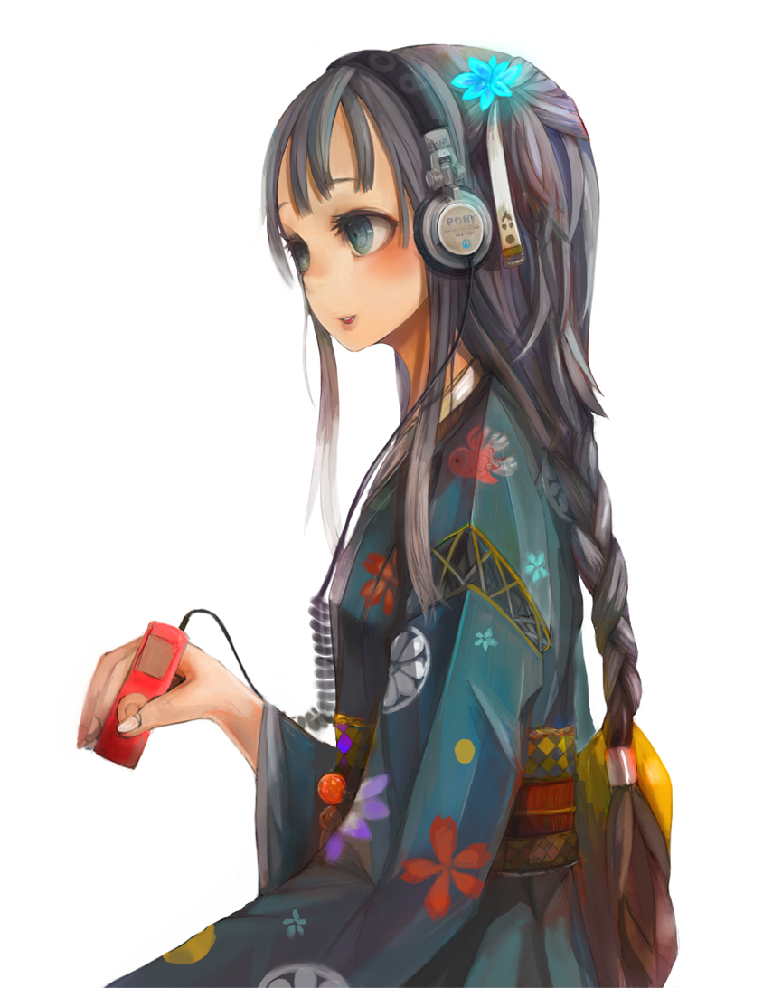 blue_eyes, braid, digital_media_player, flower, hair_flower, hair_ornament, headphones, ipod