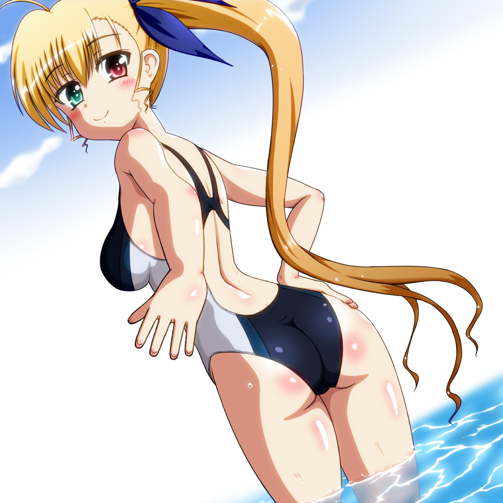 adult, ass, blonde_hair, blush, competition_swimsuit, hair_ribbon, heterochromia, long_hair, looking_at_viewer, looking_back, lyrical_nanoha, mahou_shoujo_lyrical_nanoha_vivid, one-piece_swimsuit, ribbon, side_ponytail, smile, solo, swimsuit, very_long_hair, vivio, water, yosuzu