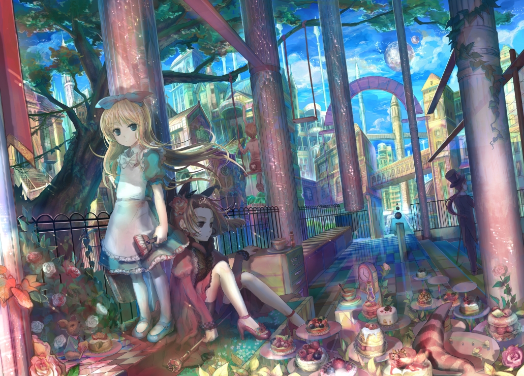 alice_in_wonderland, blonde_hair, blue_eyes, cheshire_cat, cityscape, dessert, dormouse, flower