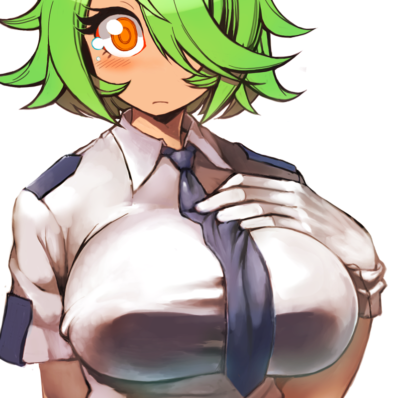 asakawa_remon, blush, breasts, gloves, green_hair, hair_over_one_eye, large_breasts, necktie