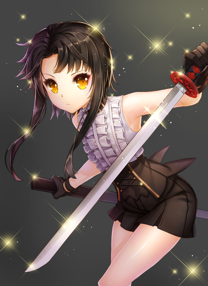 black_gloves, black_hair, black_skirt, collar, frills, gloves, keikazz, looking_at_viewer