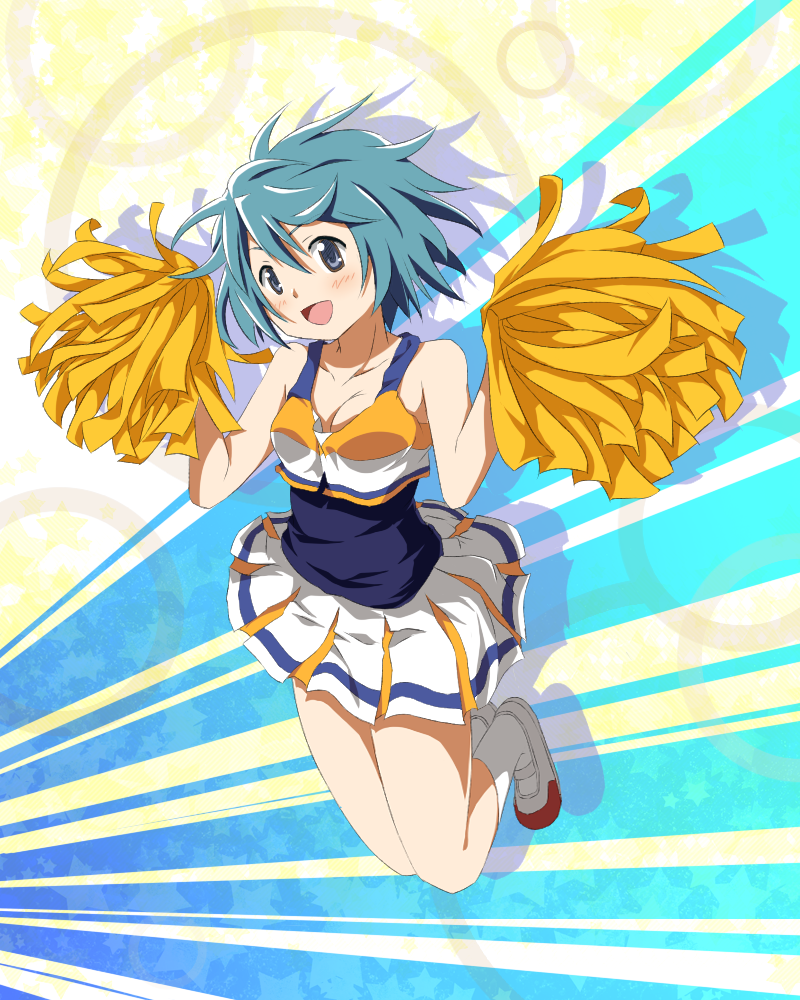 blue_eyes, blue_hair, blush, breasts, cheerleader, chuunibyou_demo_koi_ga_shitai!, cleavage, cosplay